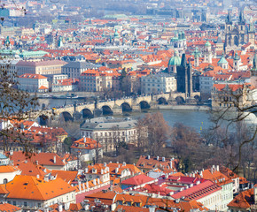 Fototapeta na wymiar Panoramic View of Prague, Charles Bridge and Vltava