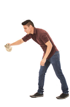 Man Cleaning With A Cloth On A White Background