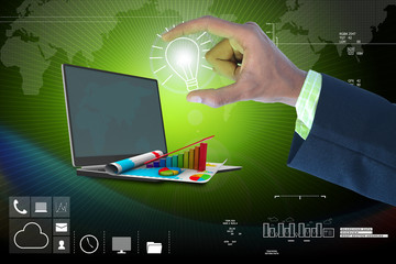 Hand showing the light bulb and financial graph