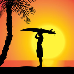 Vector silhouette of a man with a surfboard.