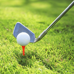 Golf ball on tee in front of driver