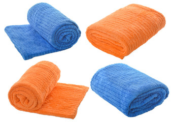 Set (four) of  blue and orange towels isolated on white backgrou