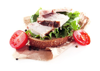 Delicious sandwiches with meet isolated on white