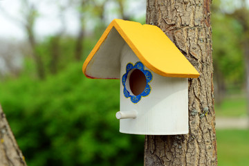 Birdhouse in garden outdoors