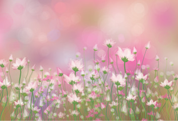 Vector pink flowers on  bokeh background.