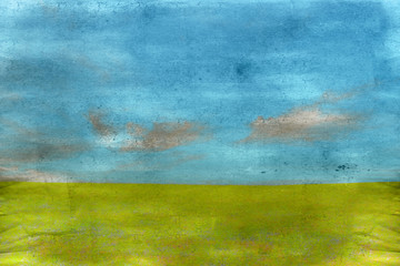 Vecchia illustrazione con prato verde e cielo con nuvole