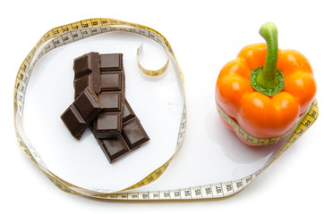 Measuring tape around a pepper and chocolate