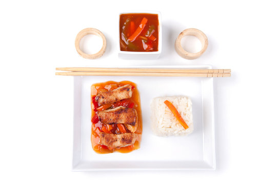 Gebratenes Fleisch s&uuml;&szlig; sauer mit Reis