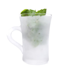 Mint leaves in glass cup isolated on white