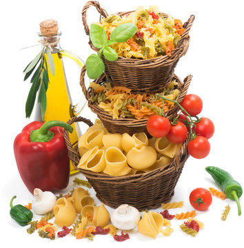 Italian pasta, vegetables and olive oil.