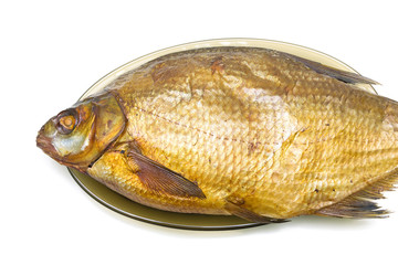 Bream fish smoked closeup on a white background.