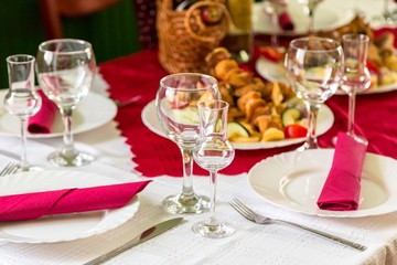 Laid table with food and drink
