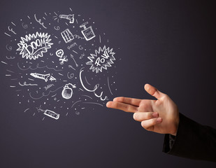 Sketched explosives coming out of gun shaped hands