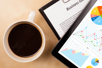 Tablet pc shows charts on screen with a cup of coffee on a desk