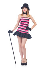 Young pretty woman dancing with walking stick isolated on white