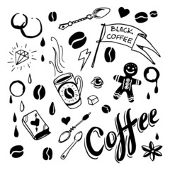 Set of hand drawn coffee theme elements