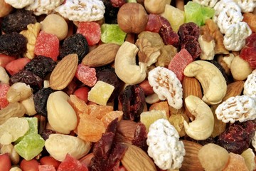 Fototapeta premium Close up of a mixed of nuts and dry fruits, XXXL