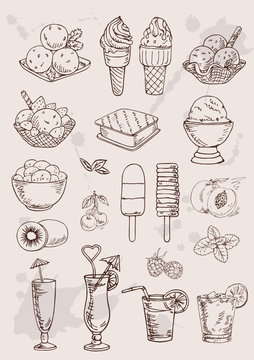 hand drawing  set of ice cream and coctails