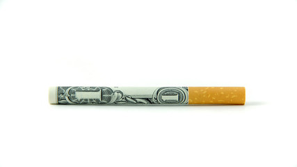 A single cigarette made from a dollar bill