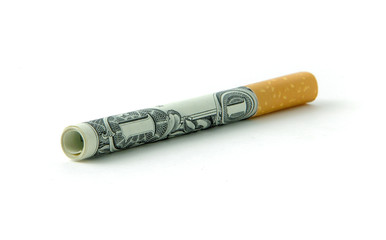 A single cigarette made from a dollar bill