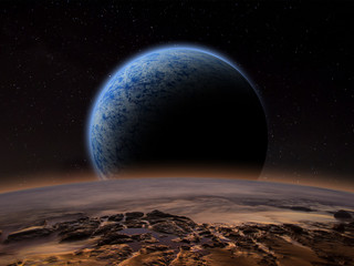 Alien planet with a close moon in orbit