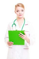 Woman doctor in lab coat with stethoscope. Medical