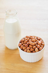 Peanut in bowl and milk bottle