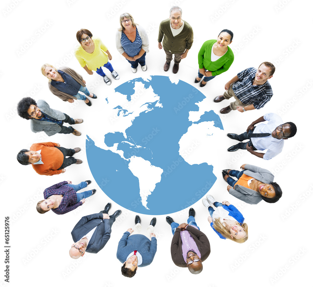 Poster aerial view of multiethnic people forming circle and globe - Posters