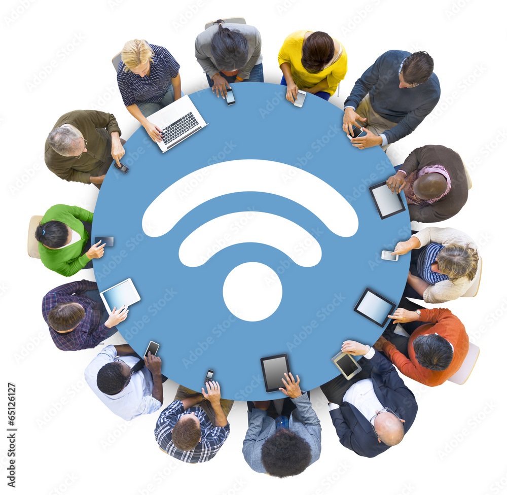 Wall mural multi-ethnic people social networking with wifi symbol - Wall murals