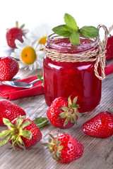 .Fresh and healthy homemade strawberry jam on the table