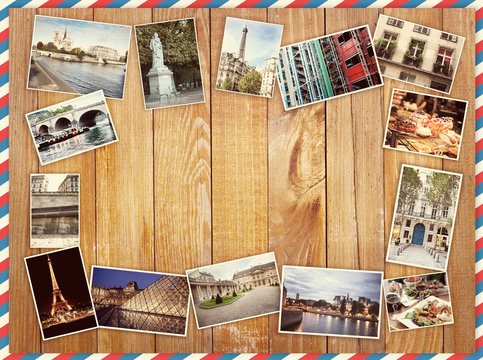 different photos of Paris, Travel Collage on a wooden background