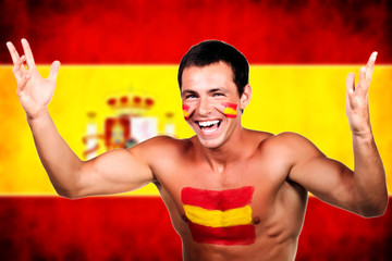 spanish soccer fan over spain flag background