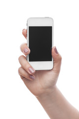 Woman hold cellphone on white