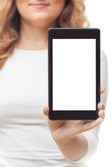 Woman hold tablet PC on white
