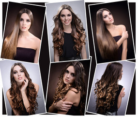 Fashion hairstyle collage. Beautiful girl with natural long