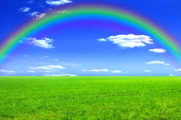 Obraz na płótnie Canvas Green meadow, blue sky and a rainbow
