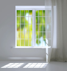 Modern residential window with trees behind. Empty white room.