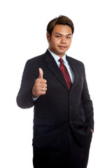 Asian businessman in suit show thumbs up