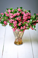 Decoration. Pink flowers on white boards