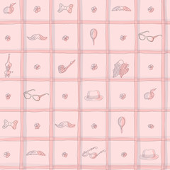 Vintage seamless hand drawn pattern with moustache, hat, flowers