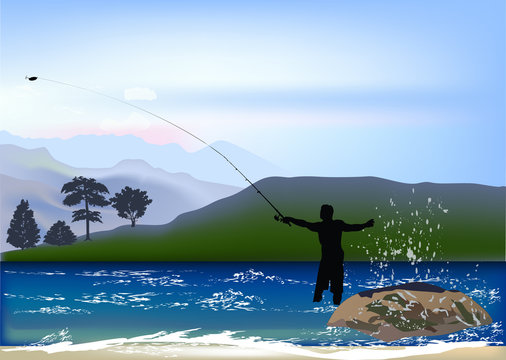 fisherman silhouette in blue water