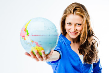 young and beautiful woman with globe