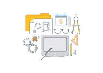 Simple line illustration of a modern business concept set