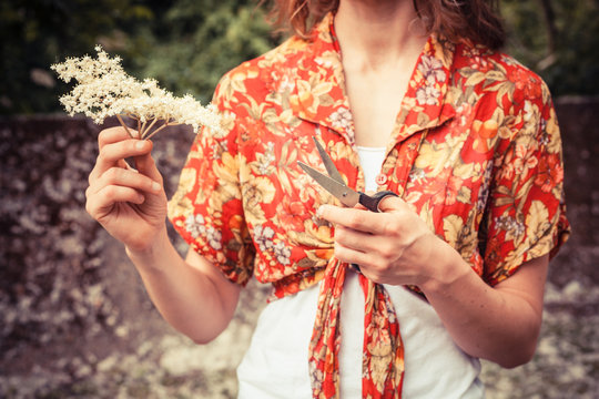 Young woman with elderflowers and scissors