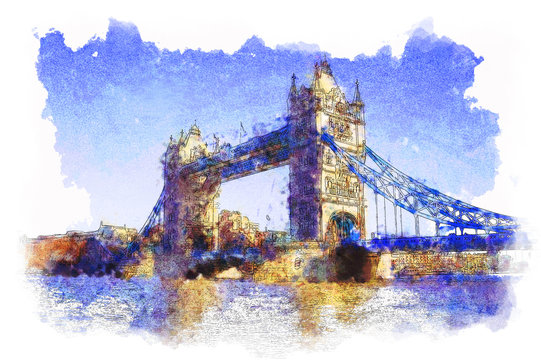 water colored picture of Tower Bridge in London