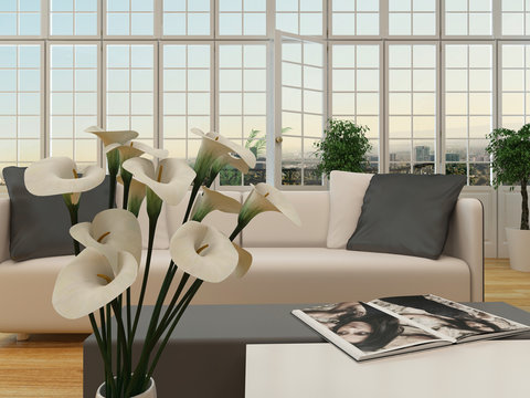Cottage pane interior with window and white couch