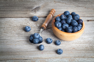 bowl of blueberries on wooden background