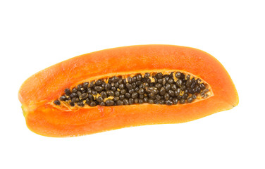 Half of fresh papaya fruit with seed isolated on white