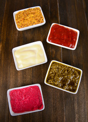 Various sauces on table close-up