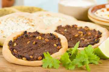 Lahm Bi Ajin, Zaatar and Cheese Manakish -  Arab flatbreads.